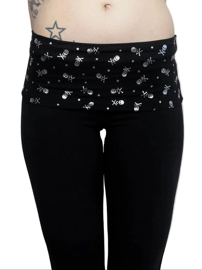 Black Fold Over Silver Skull Yoga Pants