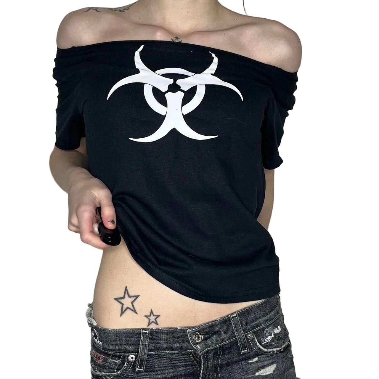 Biohazard Off Shoulder Top – Black Gothic Graphic Tee