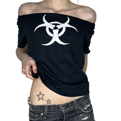 Biohazard Off Shoulder Top – Black Gothic Graphic Tee