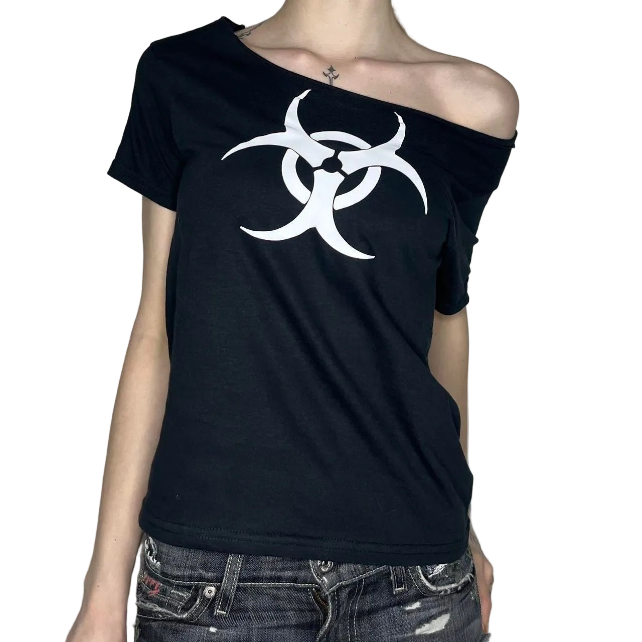 Biohazard Off Shoulder Top – Black Gothic Graphic Tee