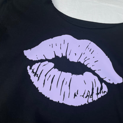 Purple Kiss Lips Print Black Oversized Off The Shoulder T-Shirt
