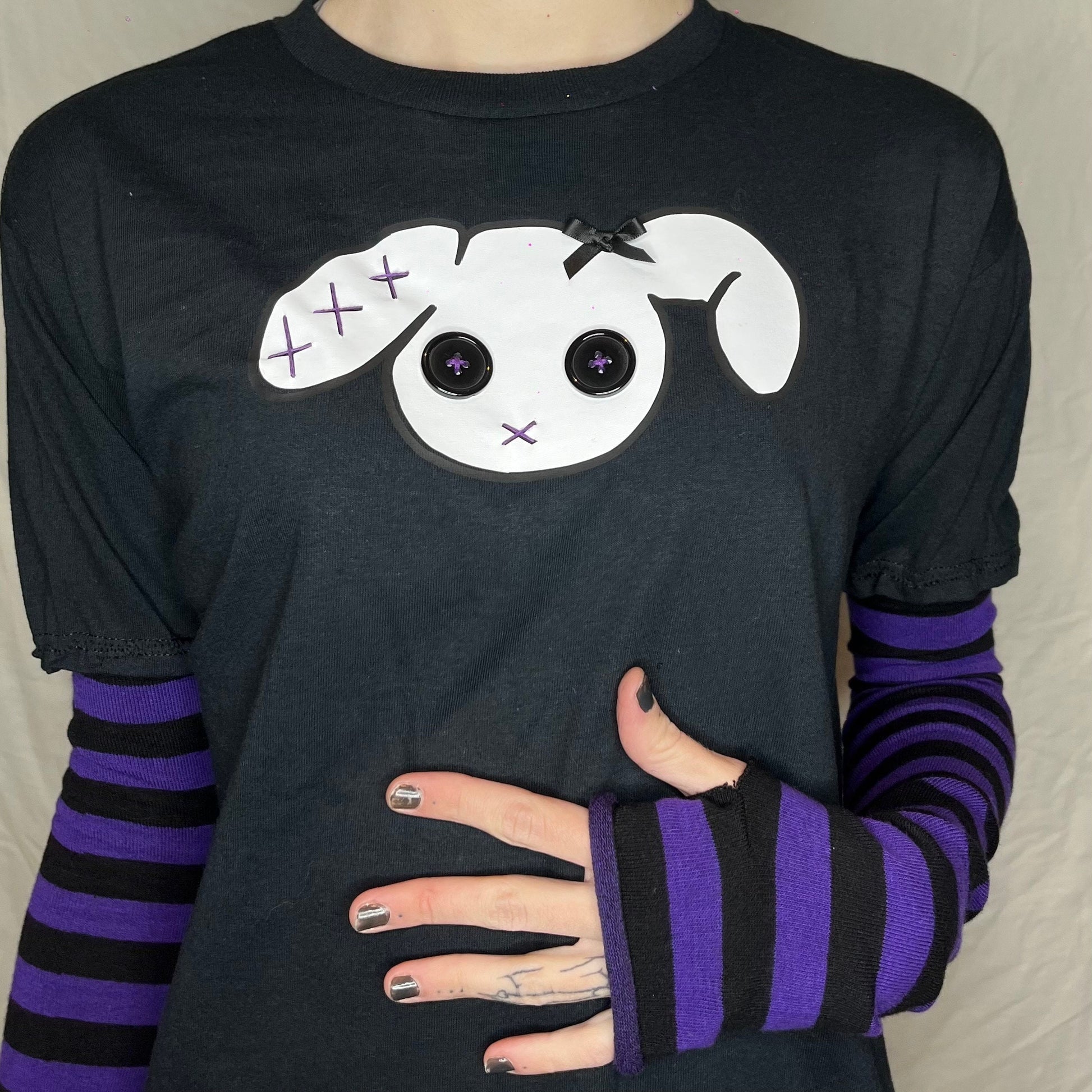 Purple n Black Stripe Sleeved Bunny Goth Grunge T-shirt