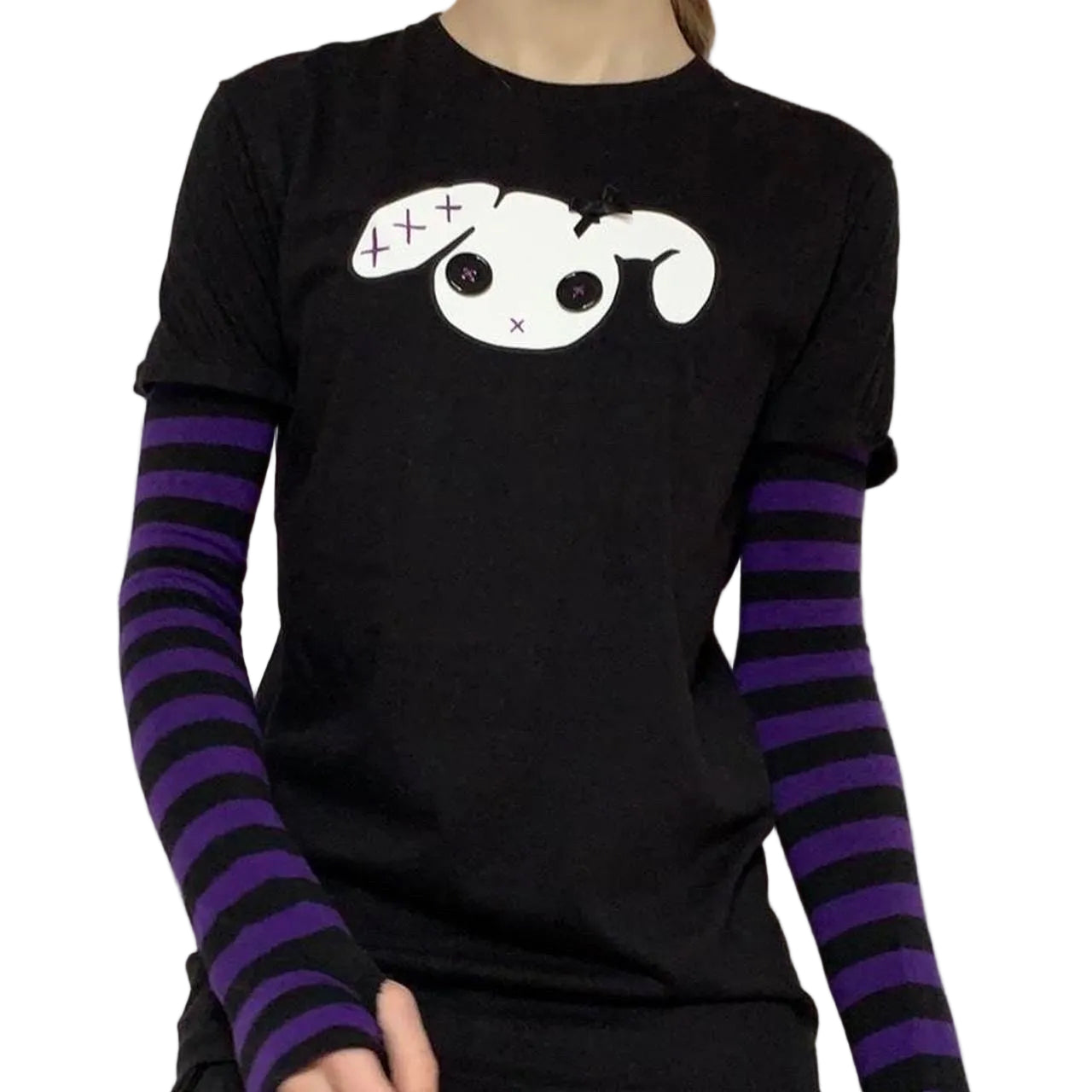 Purple n Black Stripe Sleeved Bunny Goth Grunge T-shirt