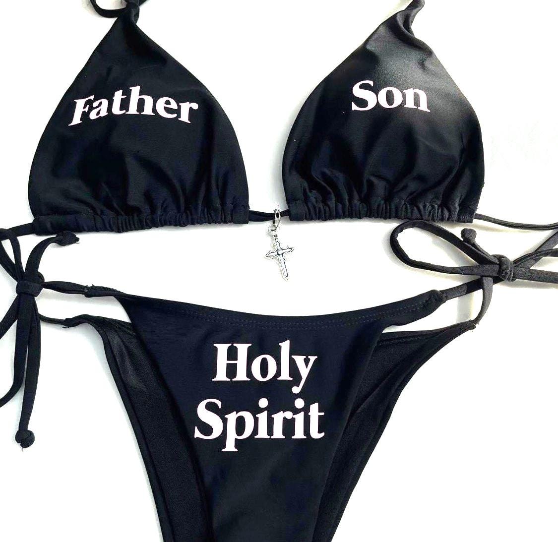 Rebellious Holy Spirit Bikini – Black Halter Set with Cross Charm & Print Options