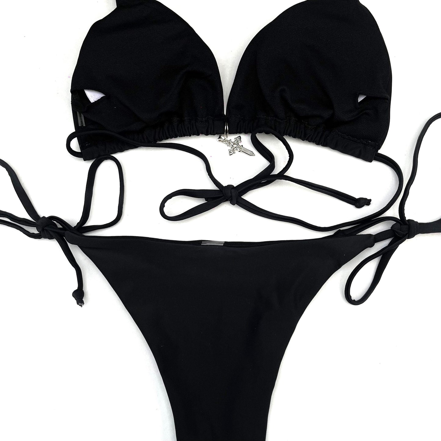 Rebellious Holy Spirit Bikini – Black Halter Set with Cross Charm & Print Options
