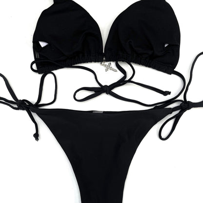 Rebellious Holy Spirit Bikini – Black Halter Set with Cross Charm & Print Options