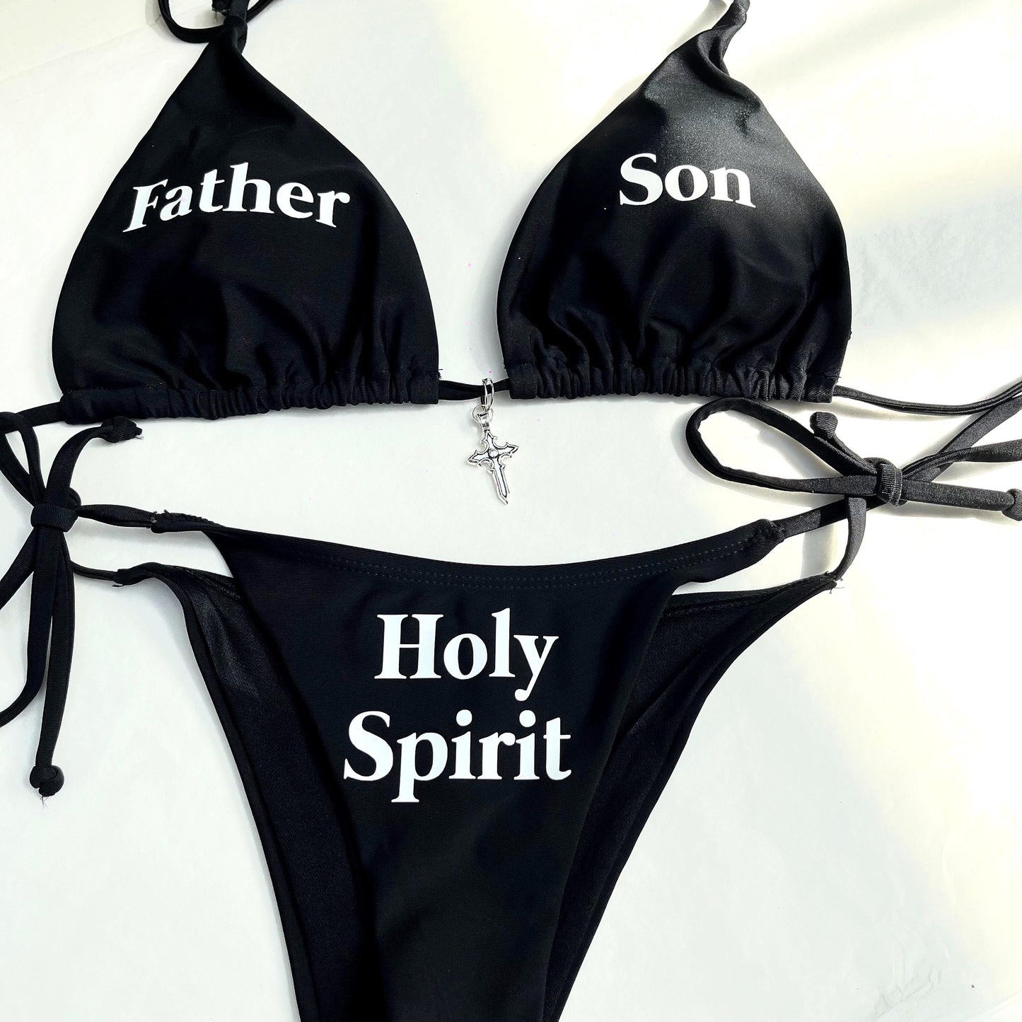 Rebellious Holy Spirit Bikini – Black Halter Set with Cross Charm & Print Options