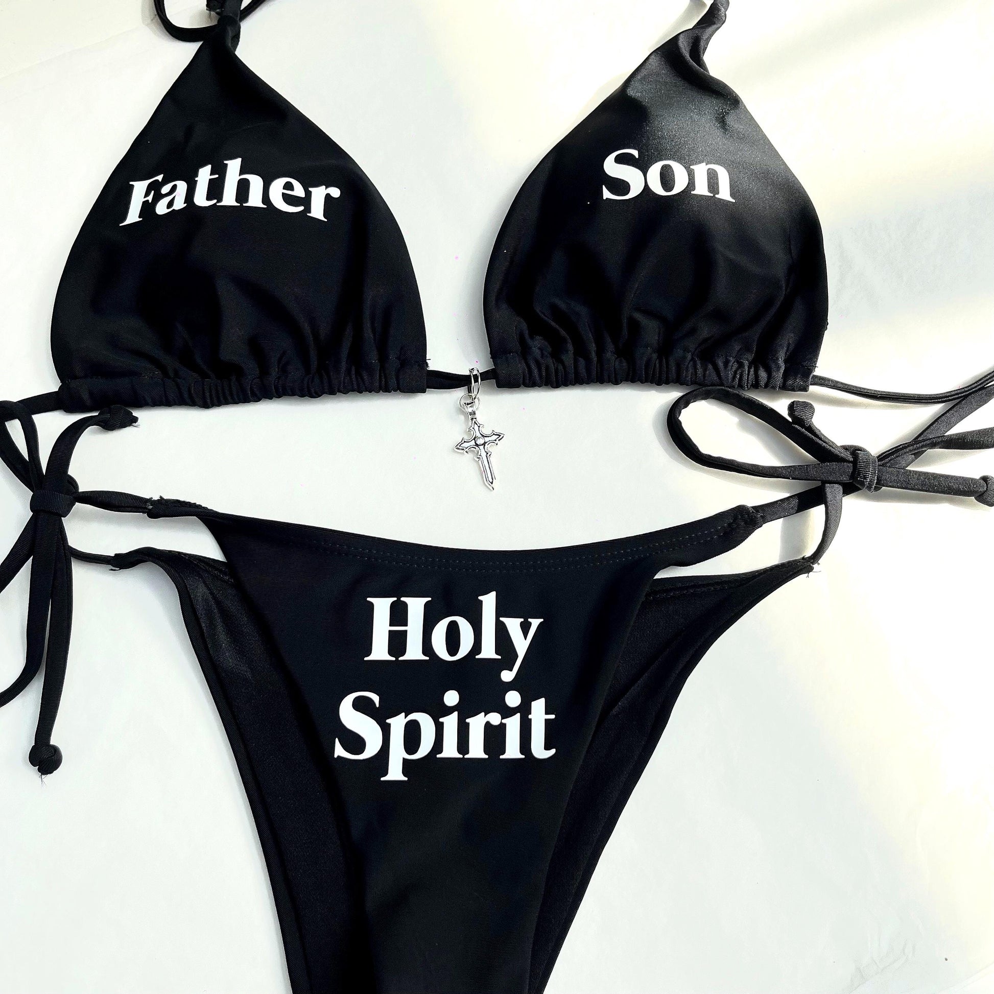 Rebellious Holy Spirit Bikini – Black Halter Set with Cross Charm & Print Options