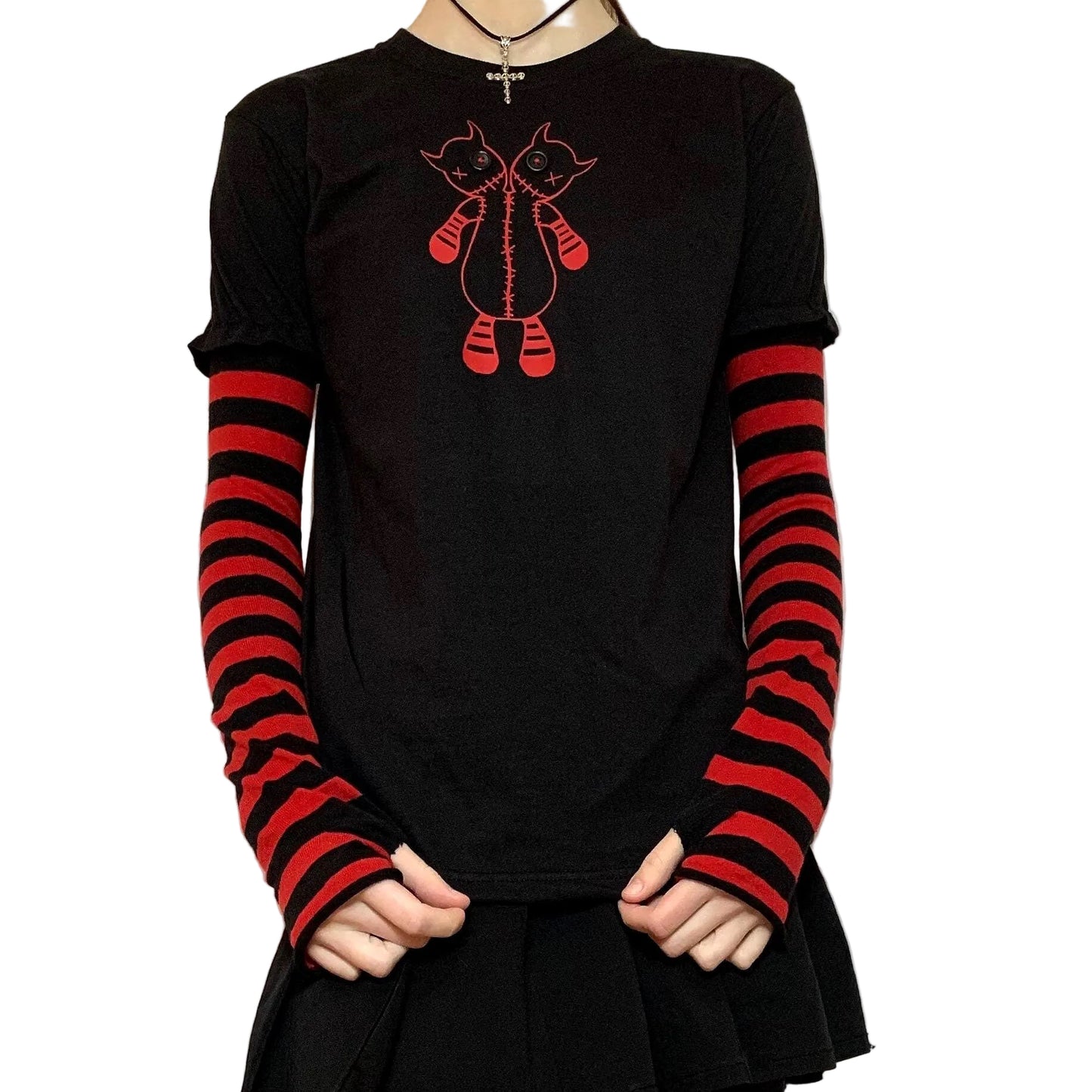 Red & Black Striped Button Eye Two Headed Monster Tee – Handmade Grunge Goth Shirt