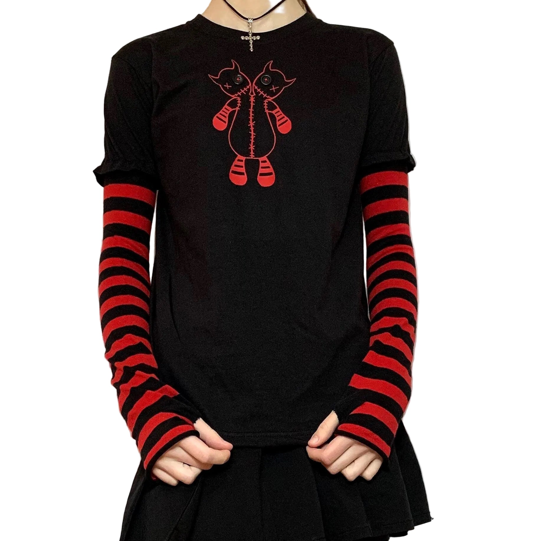 Red & Black Striped Button Eye Two Headed Monster Tee – Handmade Grunge Goth Shirt