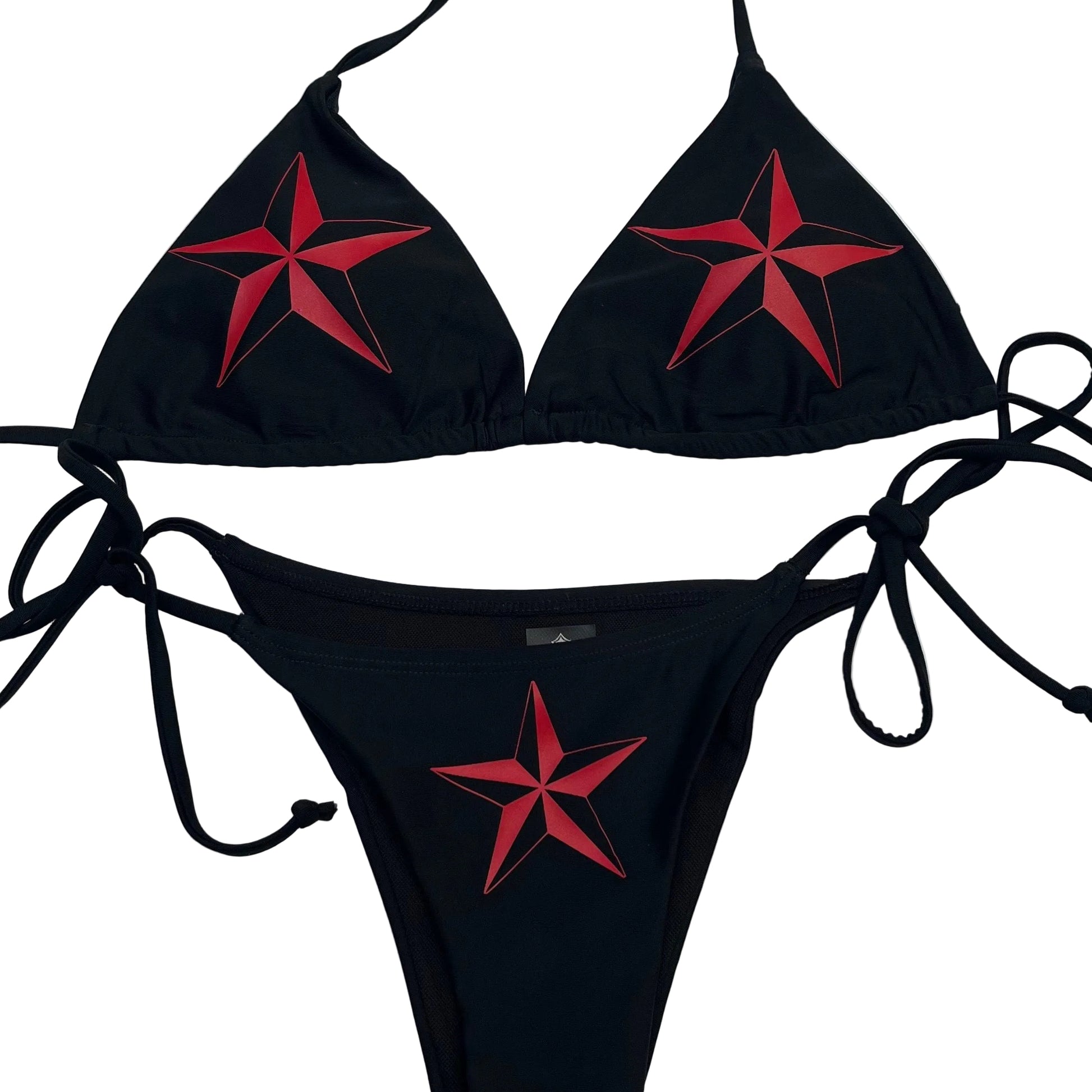 Red Nautical Star Black Tie String Bikini Halter Neck Top Y2k
