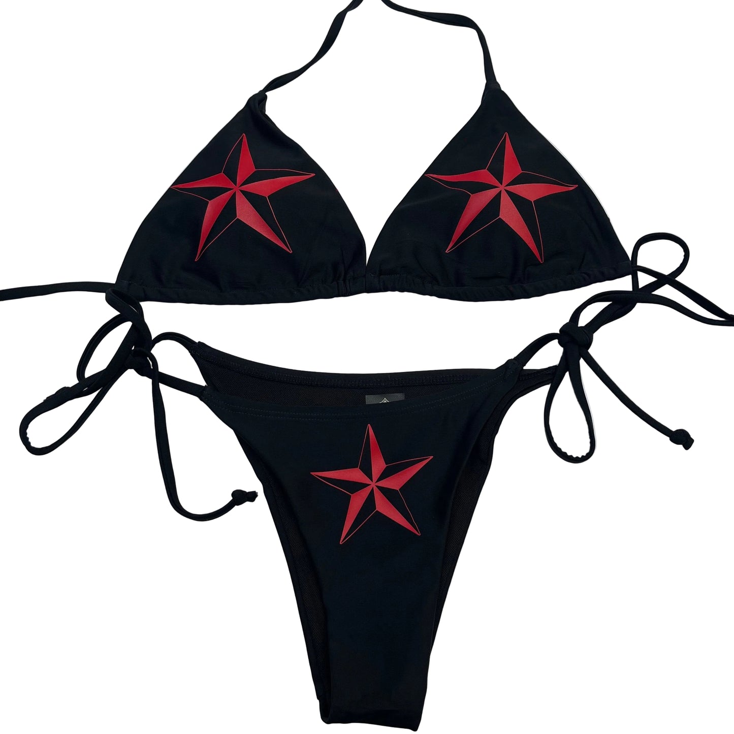 Red Nautical Star Black Tie String Bikini Halter Neck Top Y2k