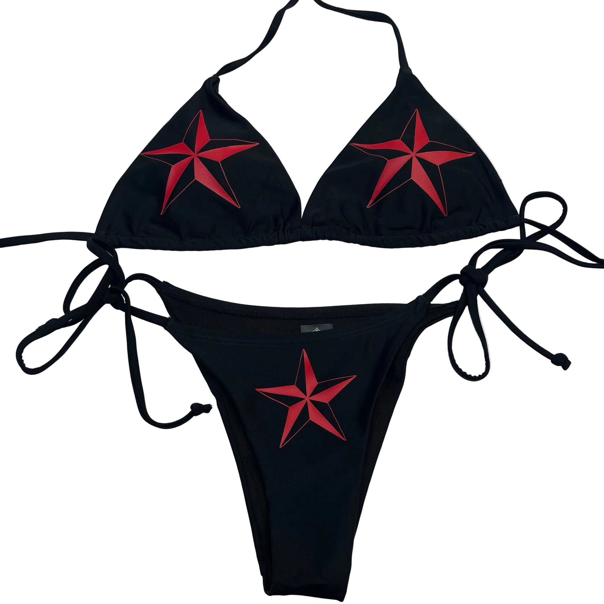 Red Nautical Star Black Tie String Bikini Halter Neck Top Y2k