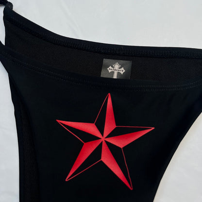 Red Nautical Star Black Tie String Bikini Halter Neck Top Y2k