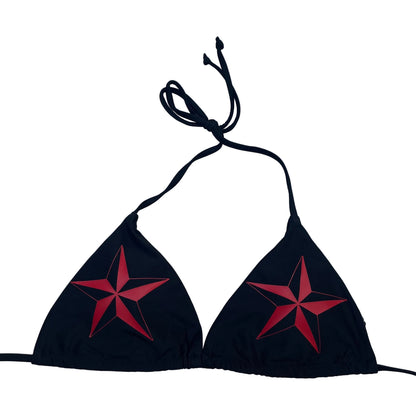 Red Nautical Star Black Tie String Bikini Halter Neck Top Y2k
