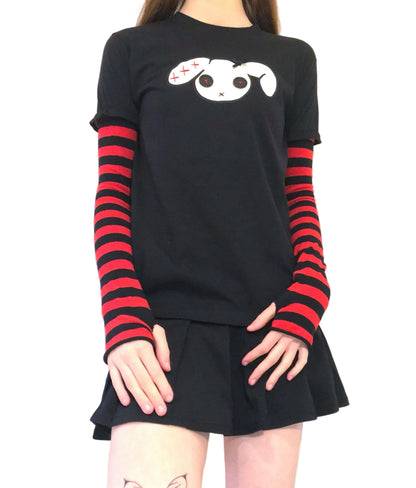 Red n Black Stripe Sleeved Button-Eye Bunny Goth Grunge T-shirt