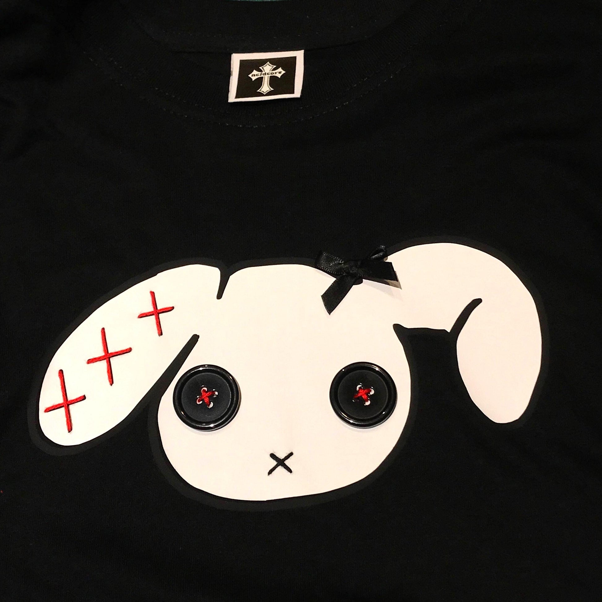 Red n Black Stripe Sleeved Button-Eye Bunny Goth Grunge T-shirt