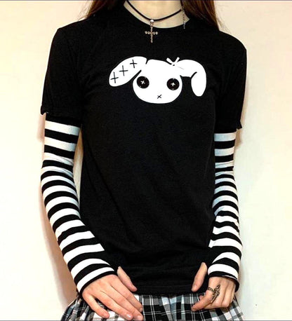 Red n Black Stripe Sleeved Button-Eye Bunny Goth Grunge T-shirt