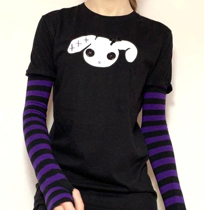 Red n Black Stripe Sleeved Button-Eye Bunny Goth Grunge T-shirt