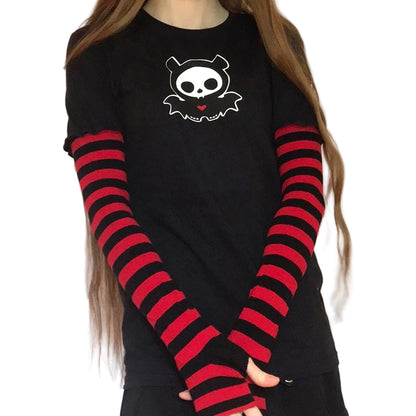 Red n Black Stripe Sleeved Diego Bat Skeleanimals Grunge Emo T-shirt