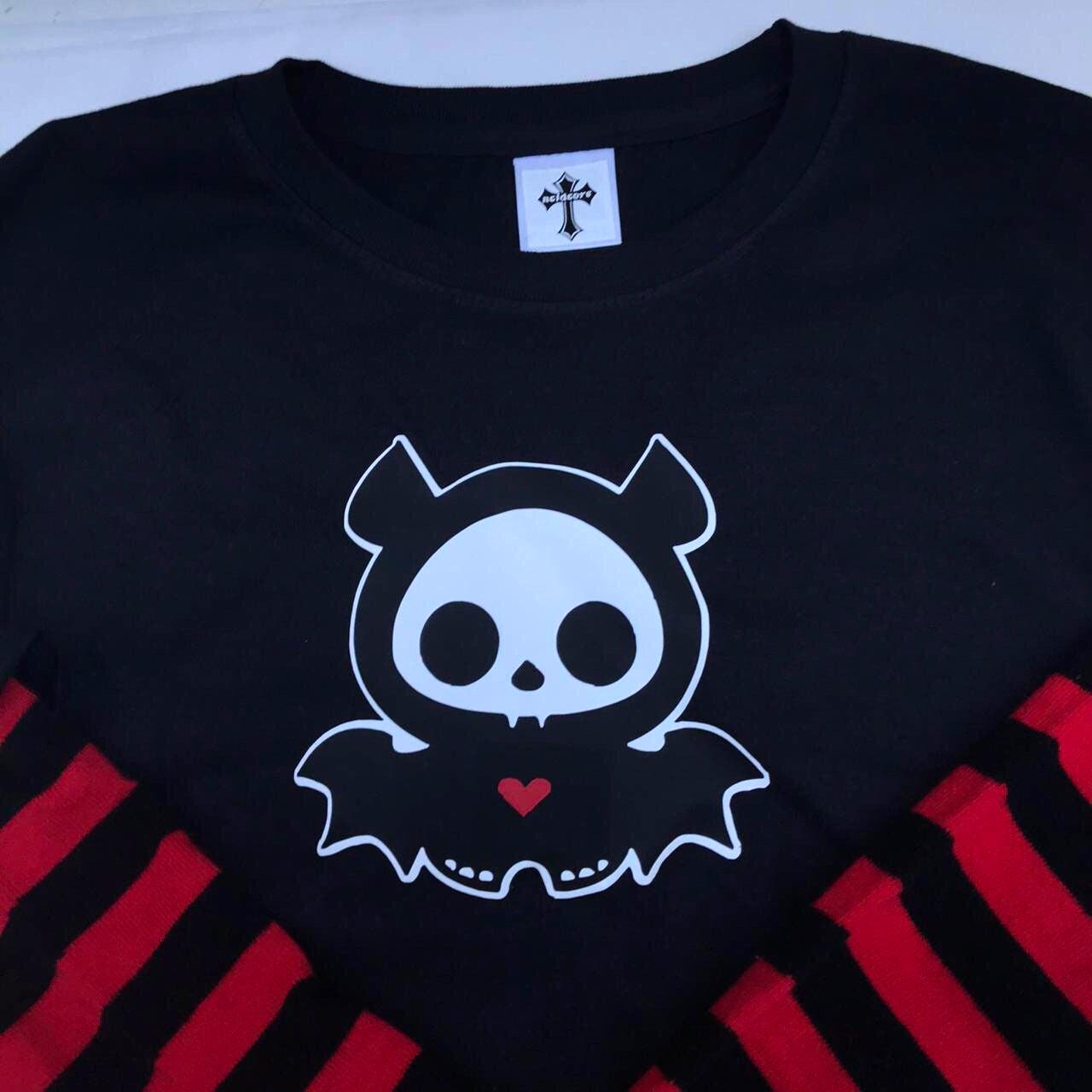 Red n Black Stripe Sleeved Diego Bat Skeleanimals Grunge Emo T-shirt