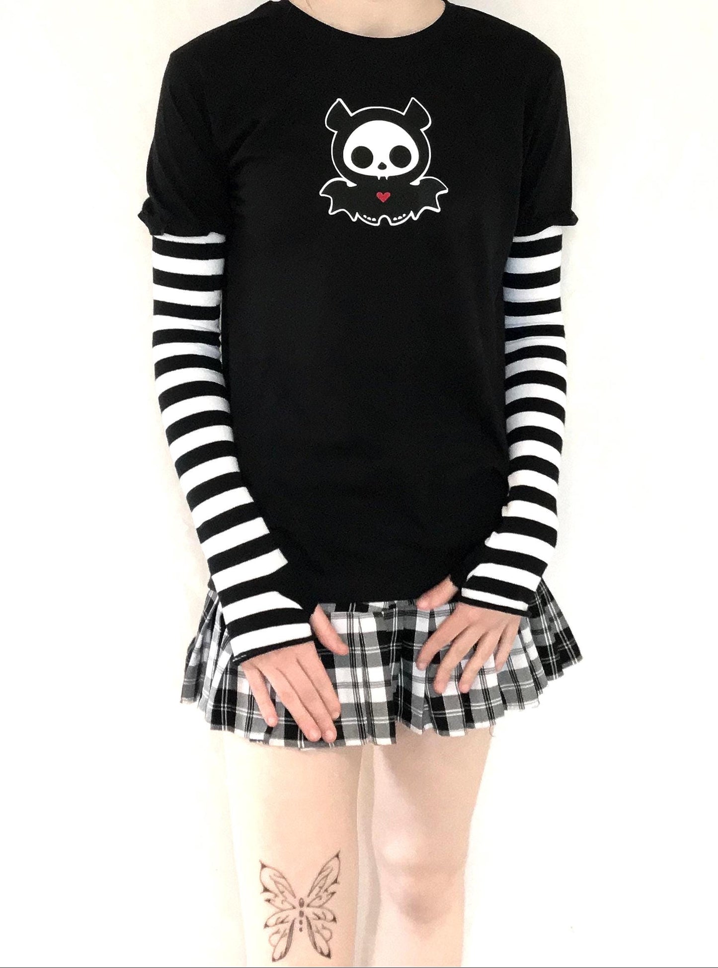 Red n Black Stripe Sleeved Diego Bat Skeleanimals Grunge Emo T-shirt