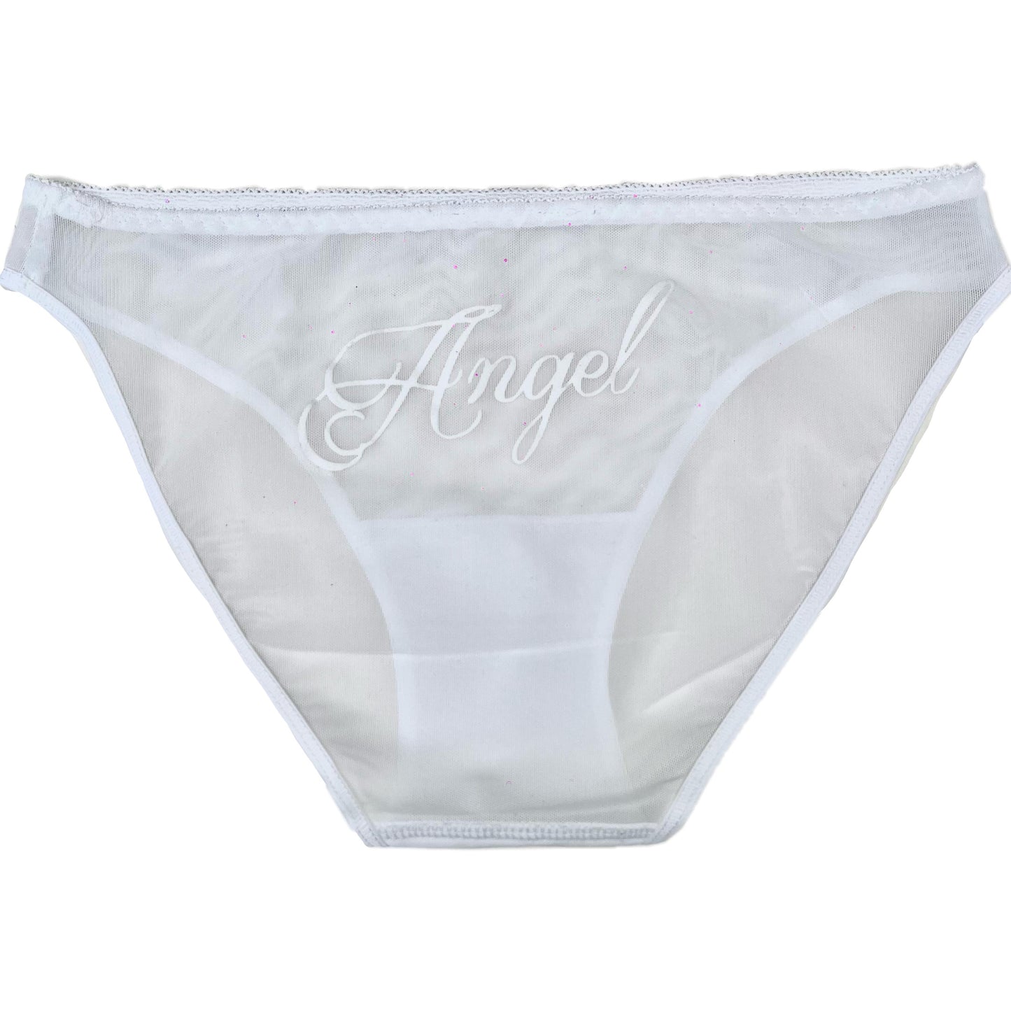 Sheer White Mesh Panties with “Angel” Velvet Flocked Back