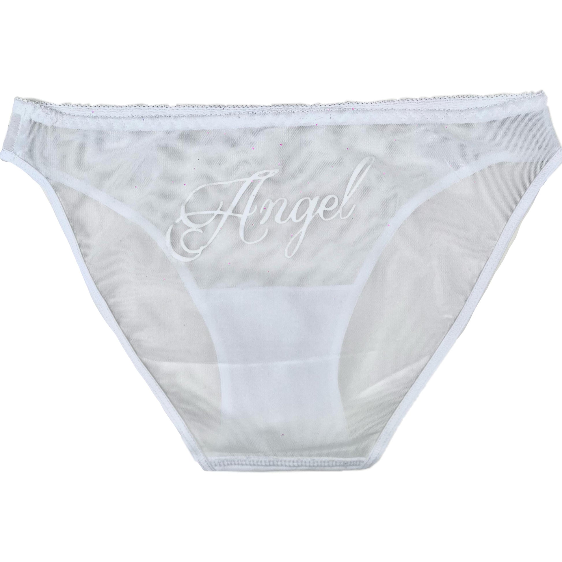 Sheer White Mesh Panties with “Angel” Velvet Flocked Back