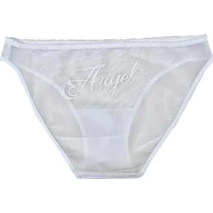 Sheer White Mesh Panties with “Angel” Velvet Flocked Back