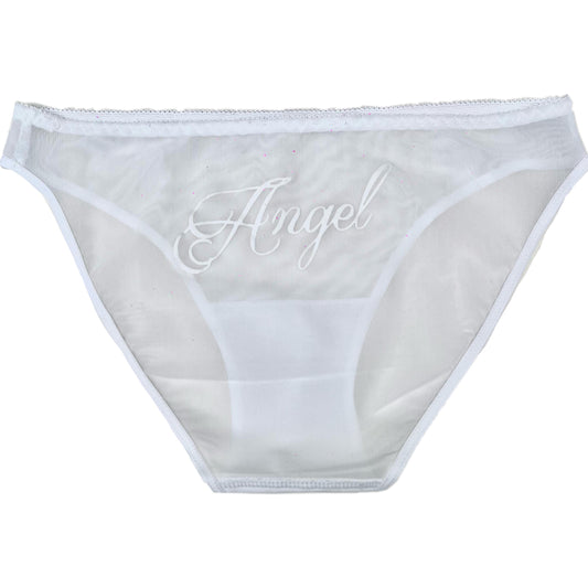 Sheer White Mesh Panties with “Angel” Velvet Flocked Back