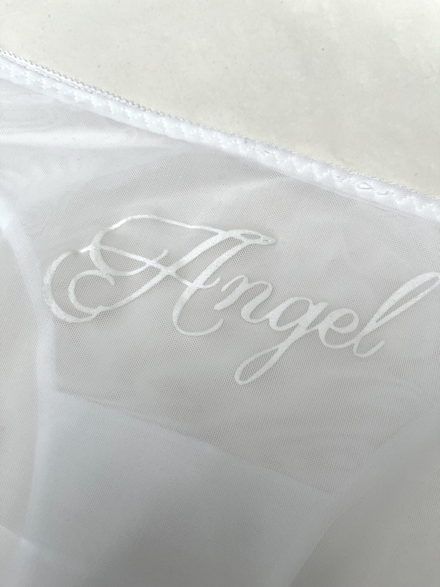 Sheer White Mesh Panties with “Angel” Velvet Flocked Back