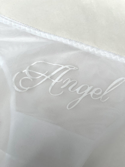 Sheer White Mesh Panties with “Angel” Velvet Flocked Back
