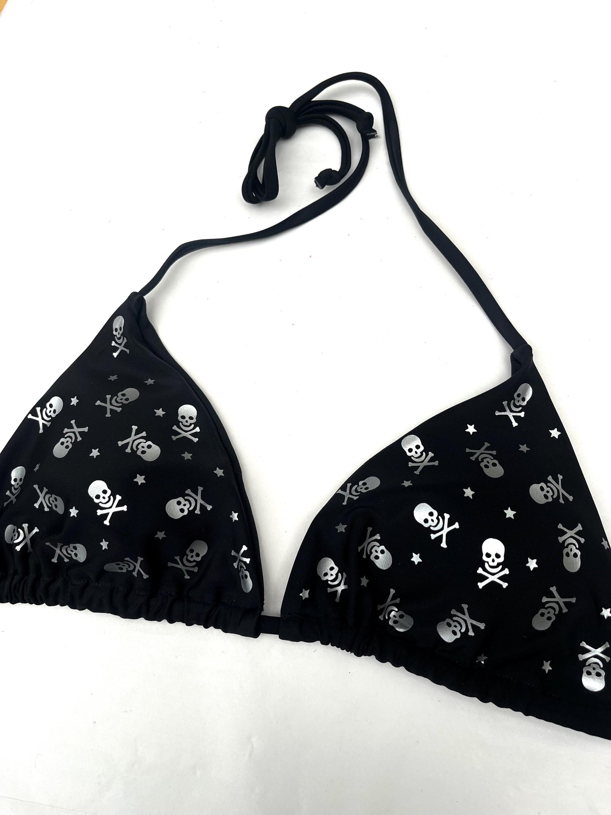 Silver All Over Skull and Star Black Bikini – String Swim Set, Rave Beachwear