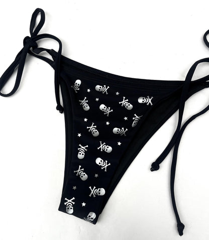 Silver All Over Skull and Star Black Bikini – String Swim Set, Rave Beachwear