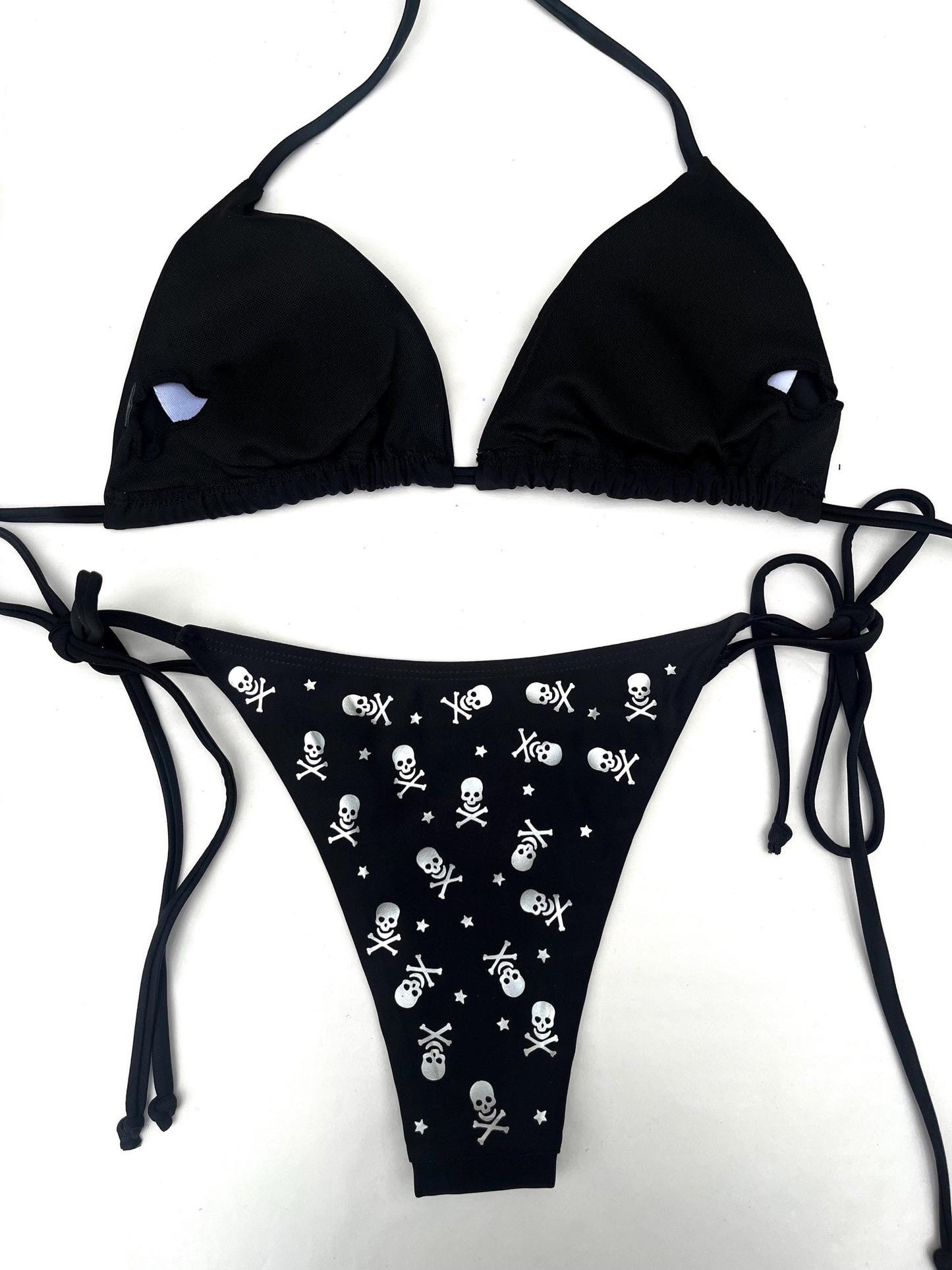 Silver All Over Skull and Star Black Bikini – String Swim Set, Rave Beachwear
