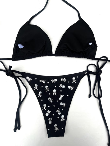 Silver All Over Skull and Star Black Bikini – String Swim Set, Rave Beachwear