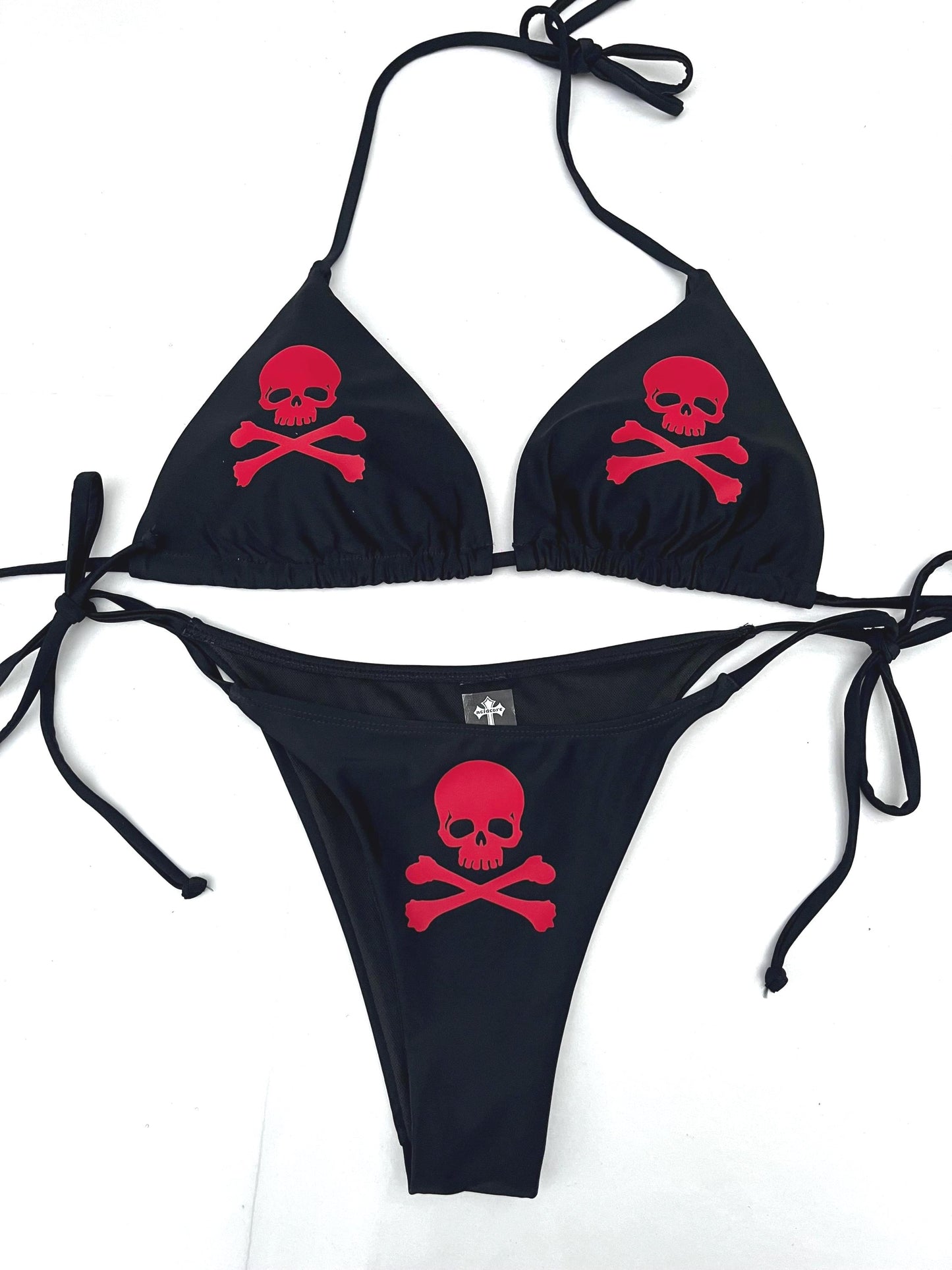 Skull & Crossbone Black Bikini Halter Tie String Goth Grunge Swimsuit