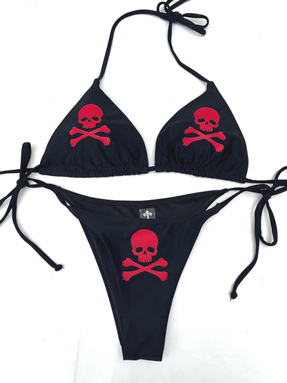 Skull & Crossbone Black Bikini Halter Tie String Goth Grunge Swimsuit