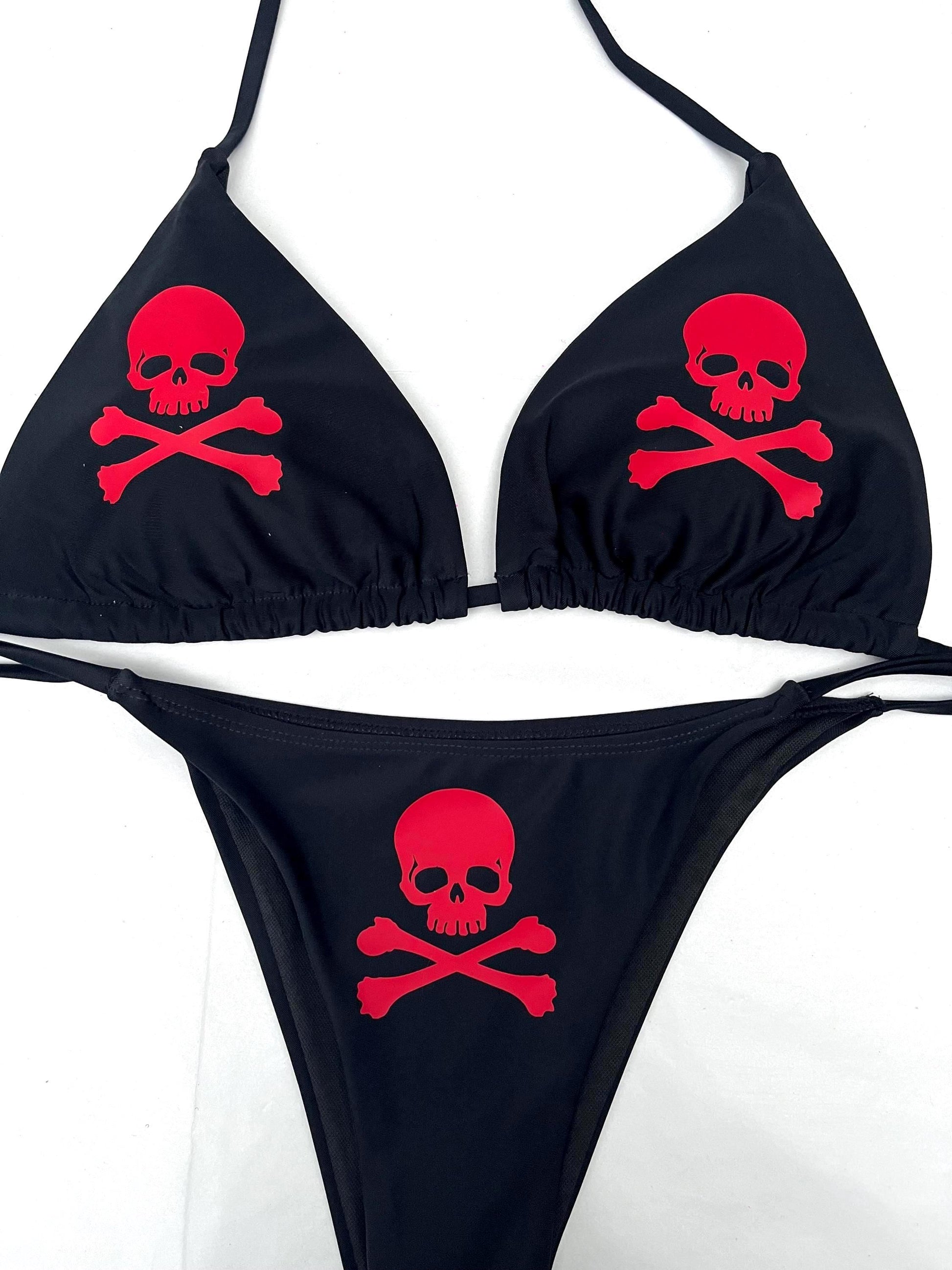 Skull & Crossbone Black Bikini Halter Tie String Goth Grunge Swimsuit