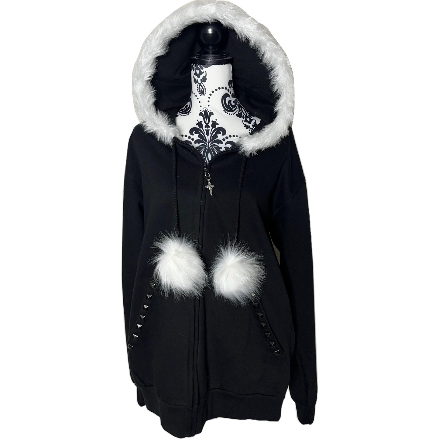 Front View: White Y2K Fur Black Zip Up Studded Hoodie