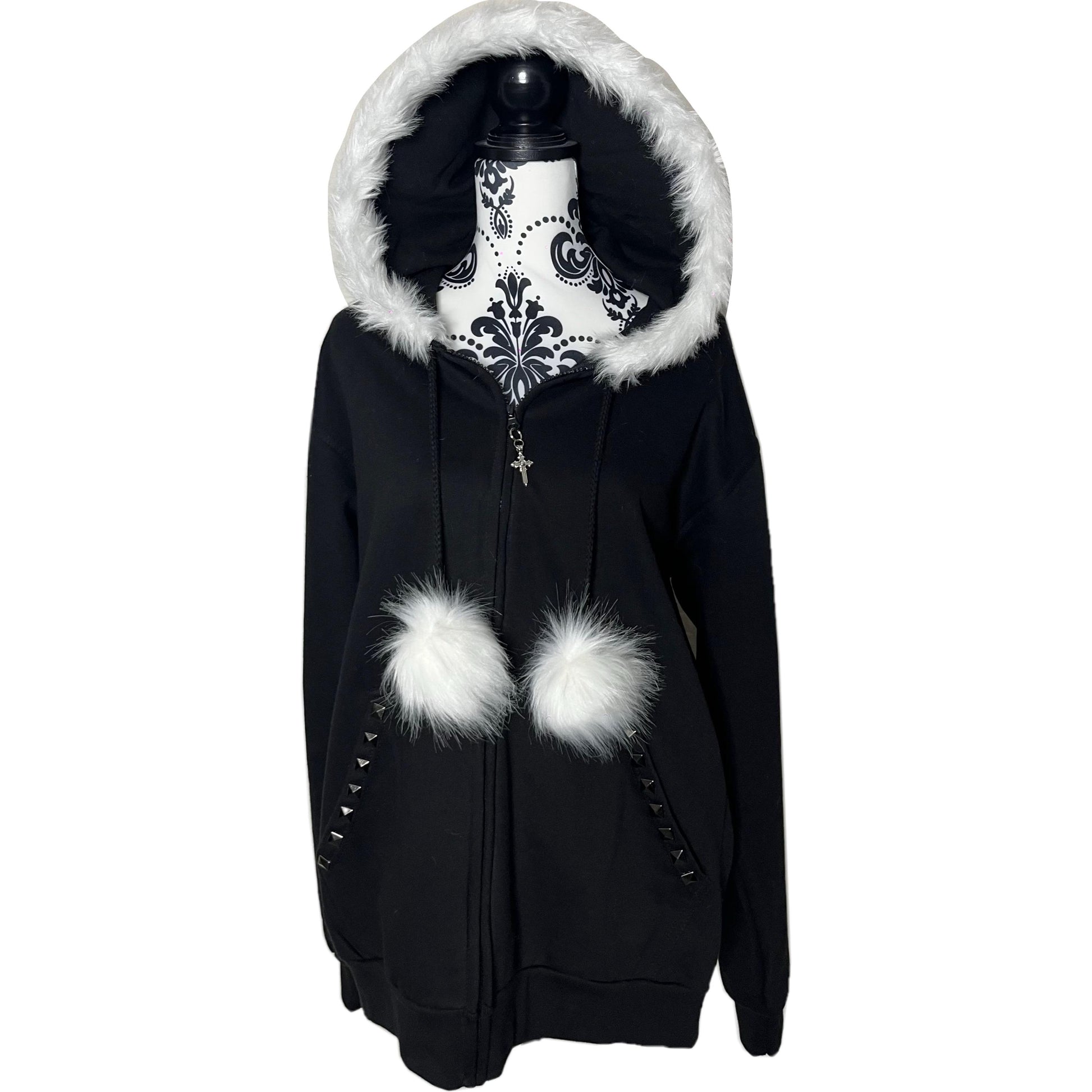 Front View: White Y2K Fur Black Zip Up Studded Hoodie