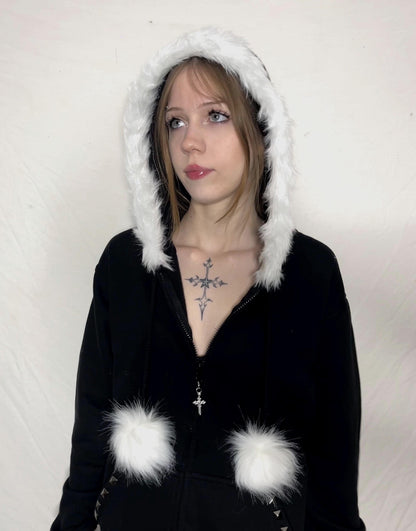 White Fur Black Zip Up Studded Y2K Hoodie Grunge Zip Cross Pendant Pom Poms