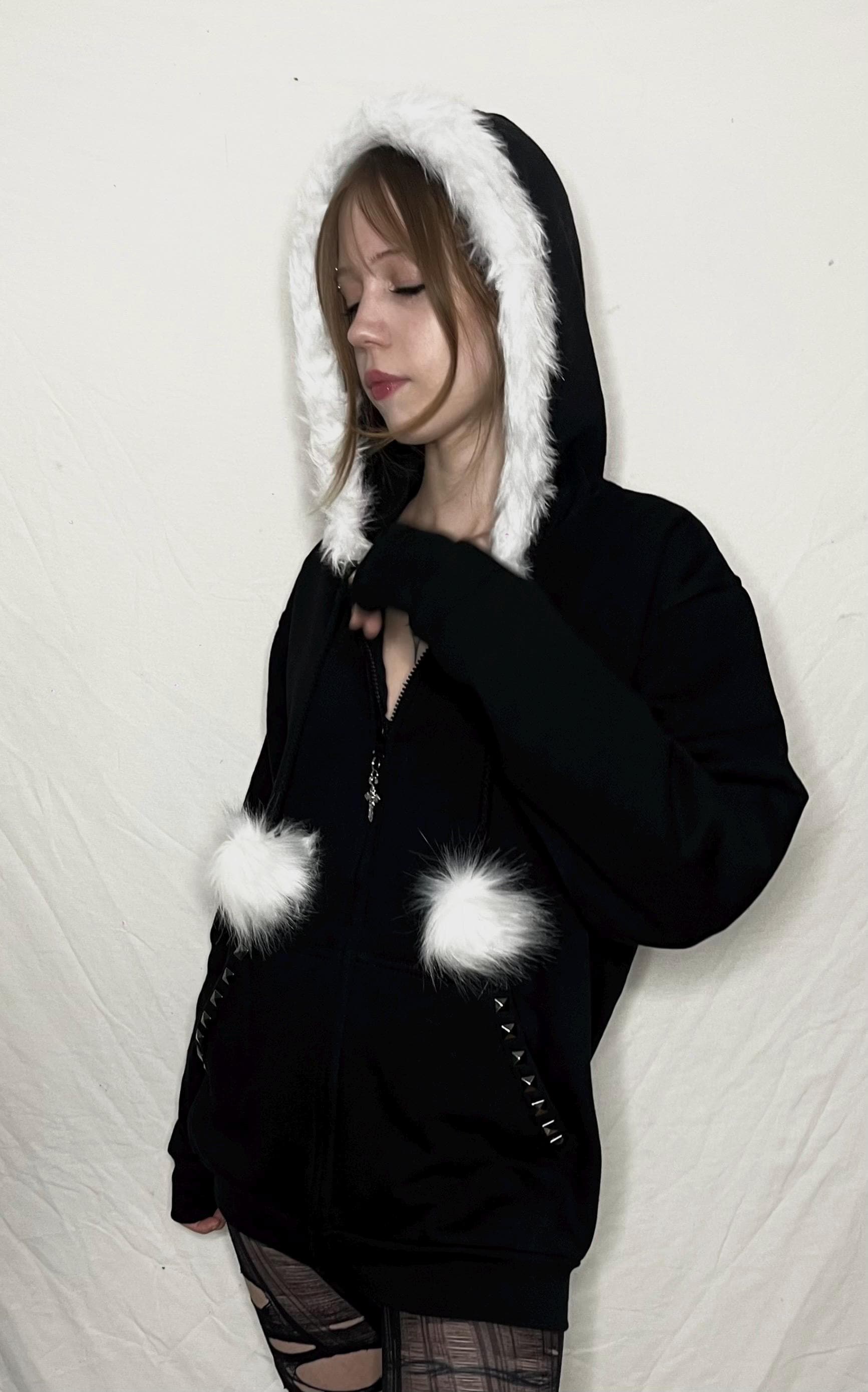 Side View: White Fur Black Zip Up Studded Hoodie