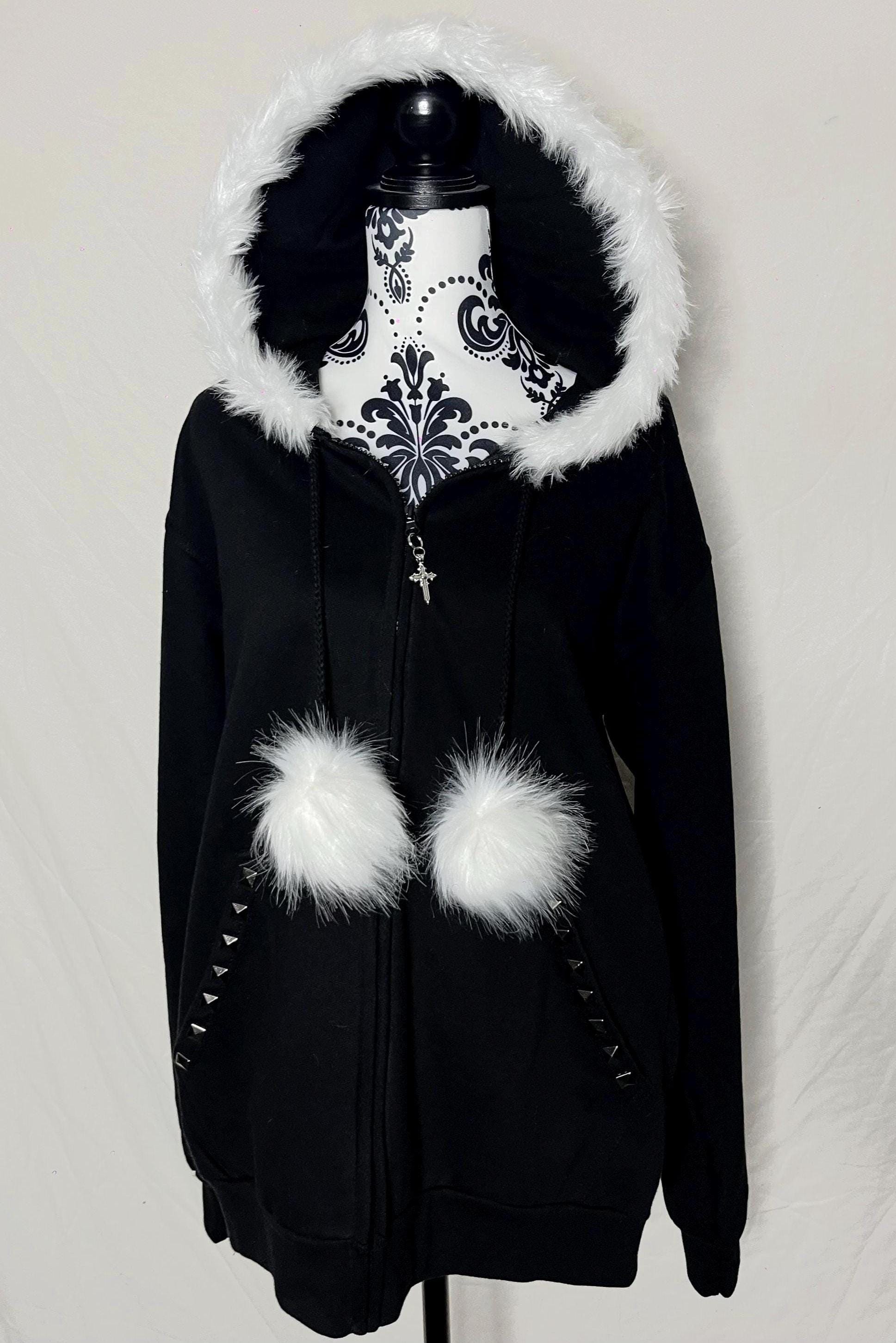 White Fur Black Zip Up Studded Y2K Hoodie Grunge Zip Cross Pendant Pom Poms