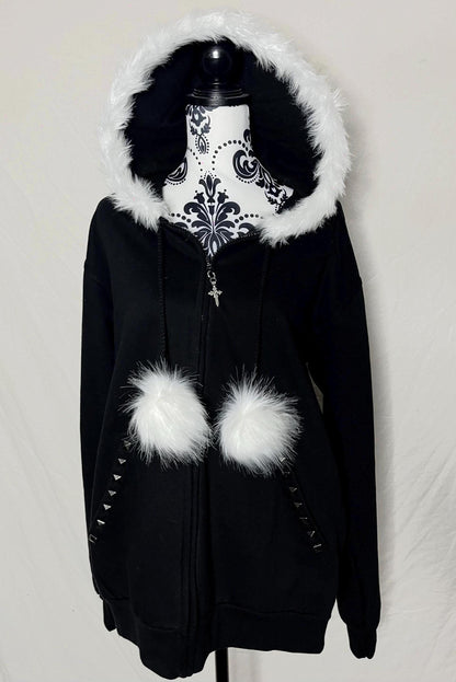 White Fur Black Zip Up Studded Y2K Hoodie Grunge Zip Cross Pendant Pom Poms