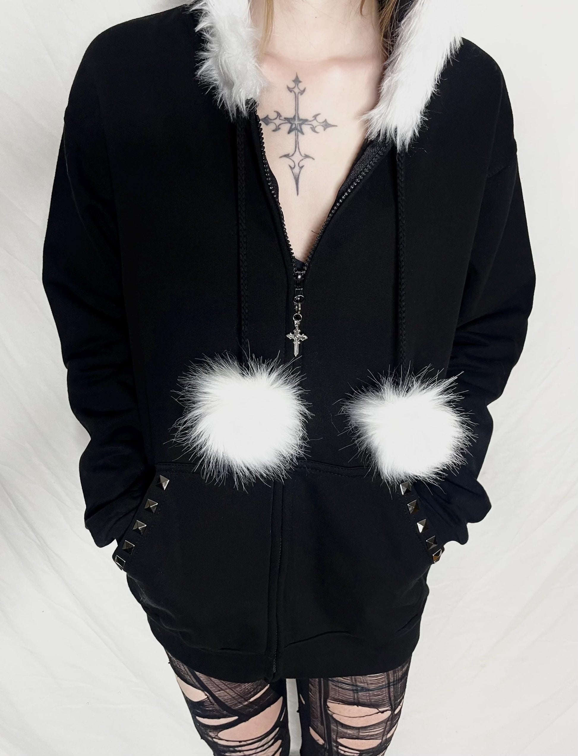 White Fur Black Zip Up Studded Y2K Hoodie Grunge Zip Cross Pendant Pom Poms