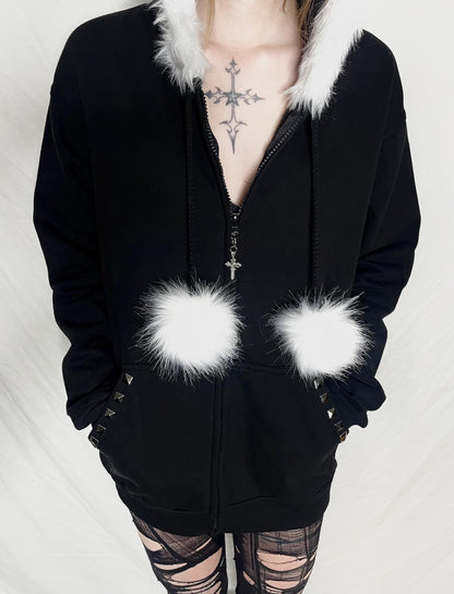 White Fur Black Zip Up Studded Y2K Hoodie Grunge Zip Cross Pendant Pom Poms