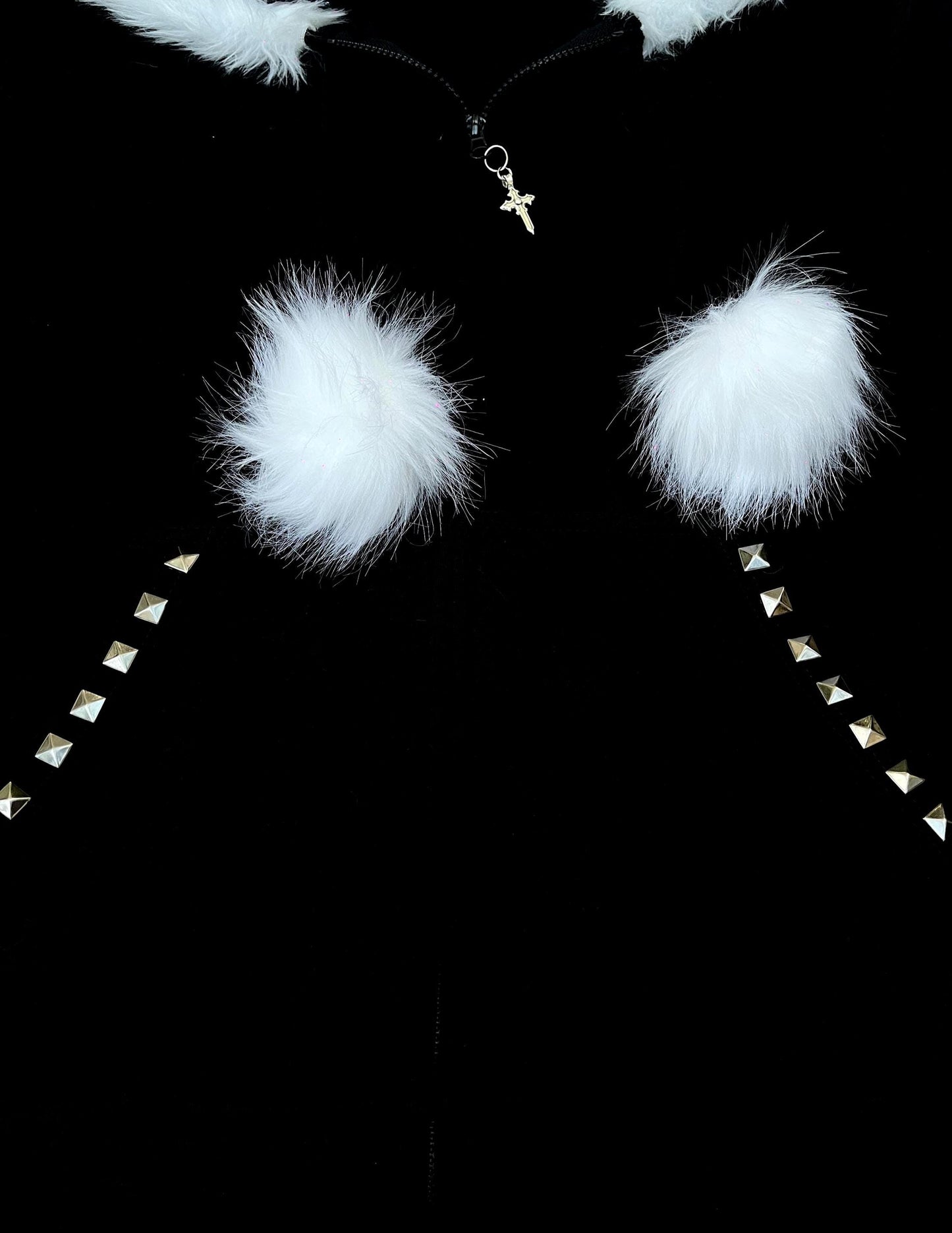 White Fur Black Zip Up Studded Y2K Hoodie Grunge Zip Cross Pendant Pom Poms