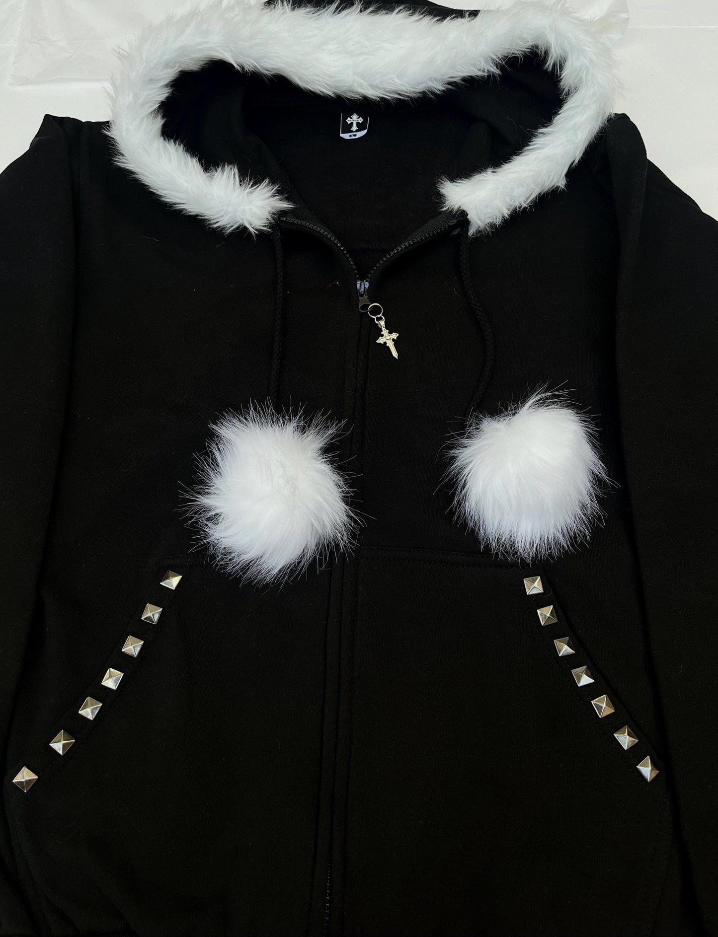White Fur Black Zip Up Studded Y2K Hoodie Grunge Zip Cross Pendant Pom Poms