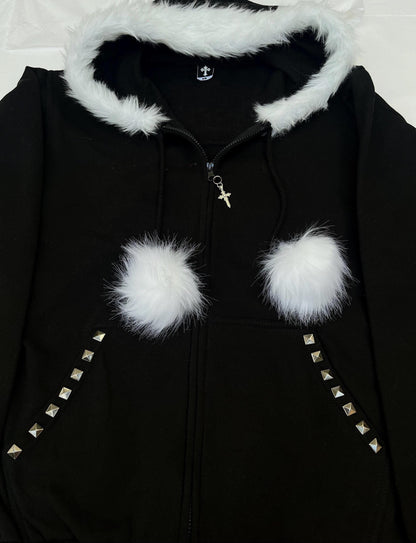 White Fur Black Zip Up Studded Y2K Hoodie Grunge Zip Cross Pendant Pom Poms